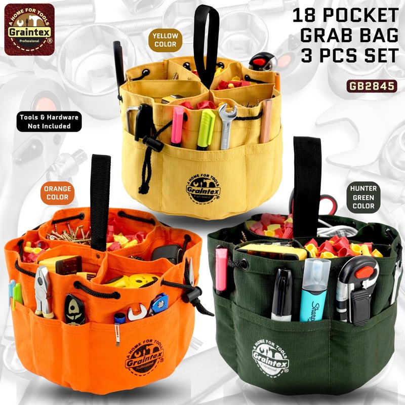 Graintex 18 Pocket Grab Bags Set of 3 Pcs Rip-Stop Canvas, Drawstring Closure, Small Parts Organizer Bag, Small Tools, Screws, Parts, Parachute Tool Bag, Parachute Tool Organizer for Essential Items - Image 3